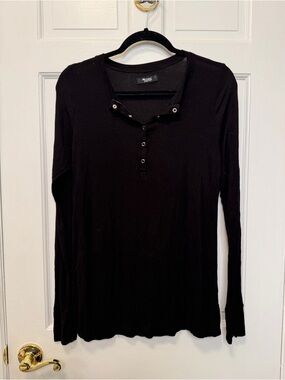 Michael Lauren Black Ribbed Henley Top Button Long Sleeve Stretch Size Large